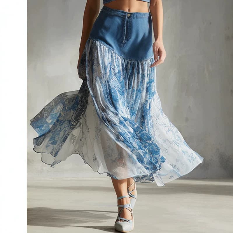 [Novo produto] Saia média de Chiffon estampada estilo férias retrô azul jeans Patchwork [venda quente]