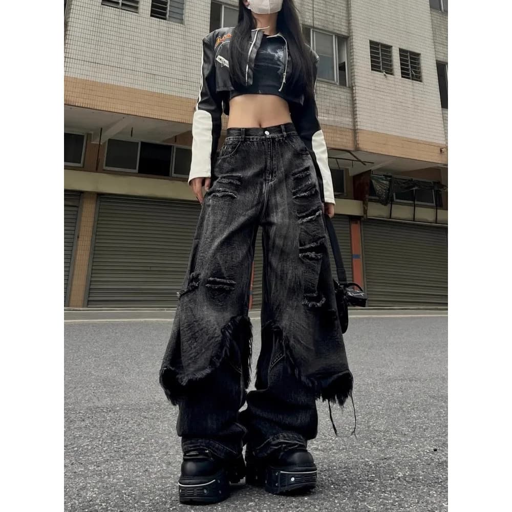 [Novo produto] estilo americano rua Retro angustiado falso Jeans de duas pontas feminino Hip-Hop Design desgastado calça