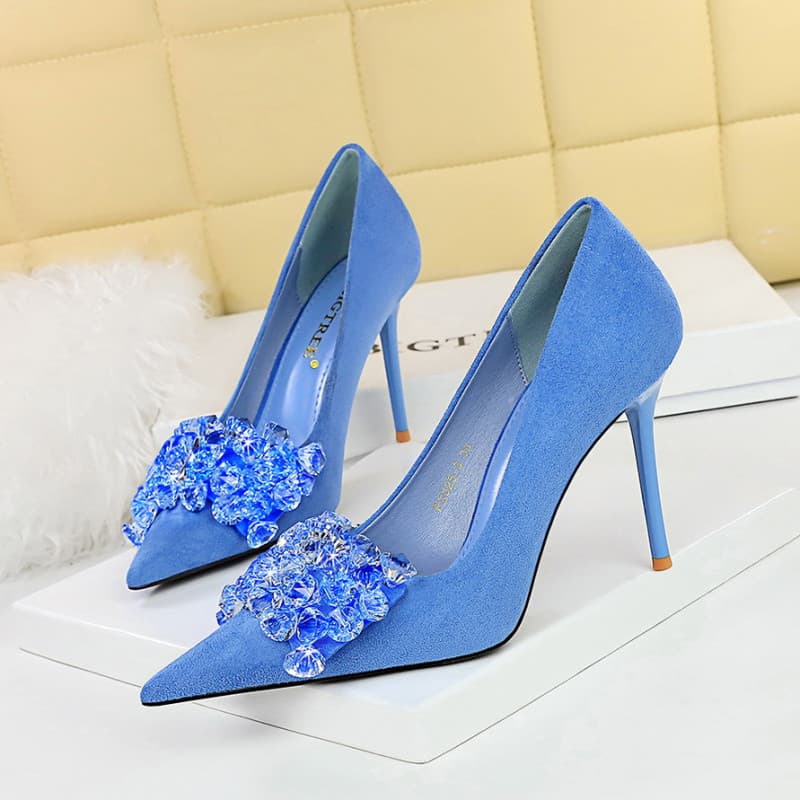 Sapatos femininos banquete salto alto Stiletto camurça boca rasa apontou Toe pedra preciosa strass arco