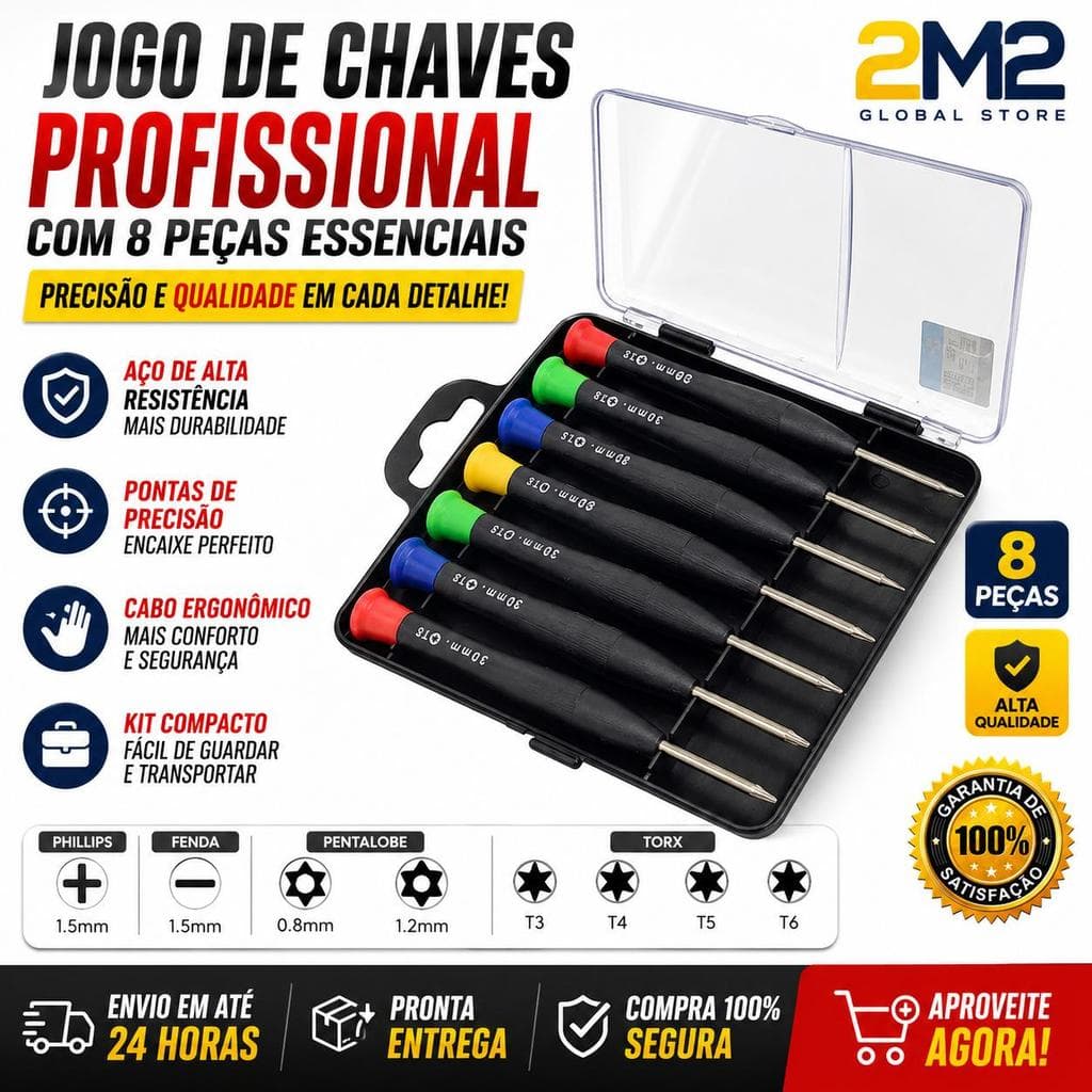 Kit 8 Chaves De Precisão Torx Phillips Fenda Tri-Point Pentalobe - Com Estojo Profissional – Alta Qualidade