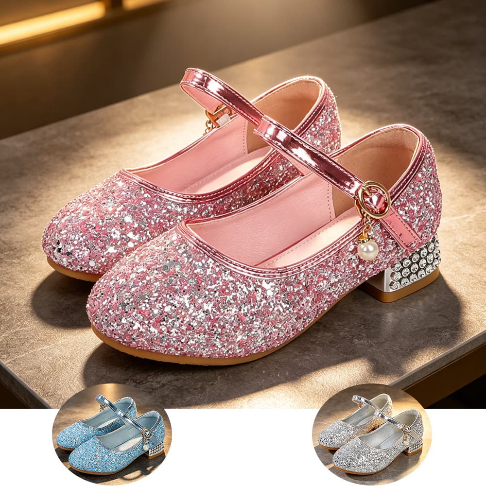 Novas Meninas Princesa Palco Desempenho Vestido Sapatos Rosa Prata Azul Salto Baixo Para Casamento Flor Menina Festa De