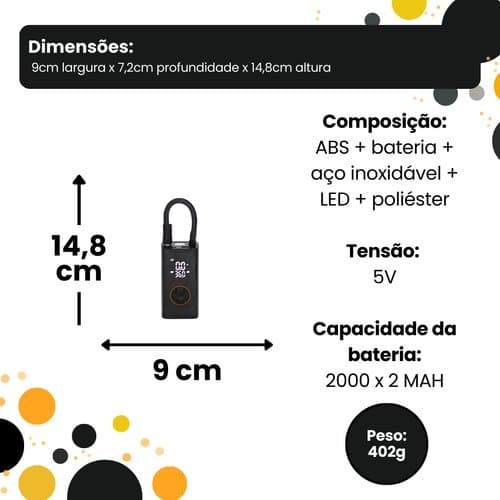 Bomba Ar Digital Portatil Preta Inflador Eletrico Compacto Rapido Alta Pressao