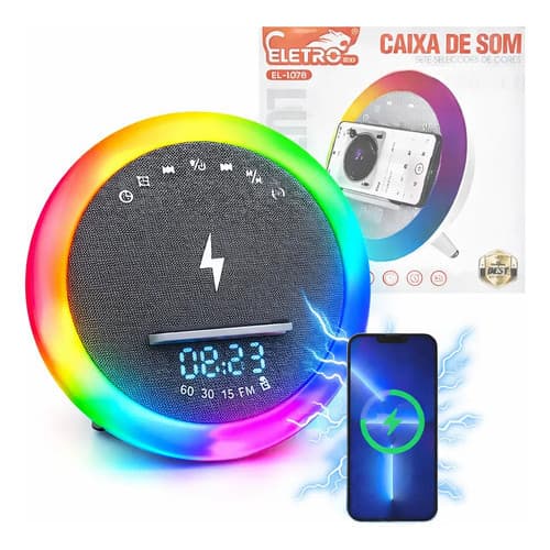 Caixa De Som 50w Com Luminária Rgb E Carregador Por Indução