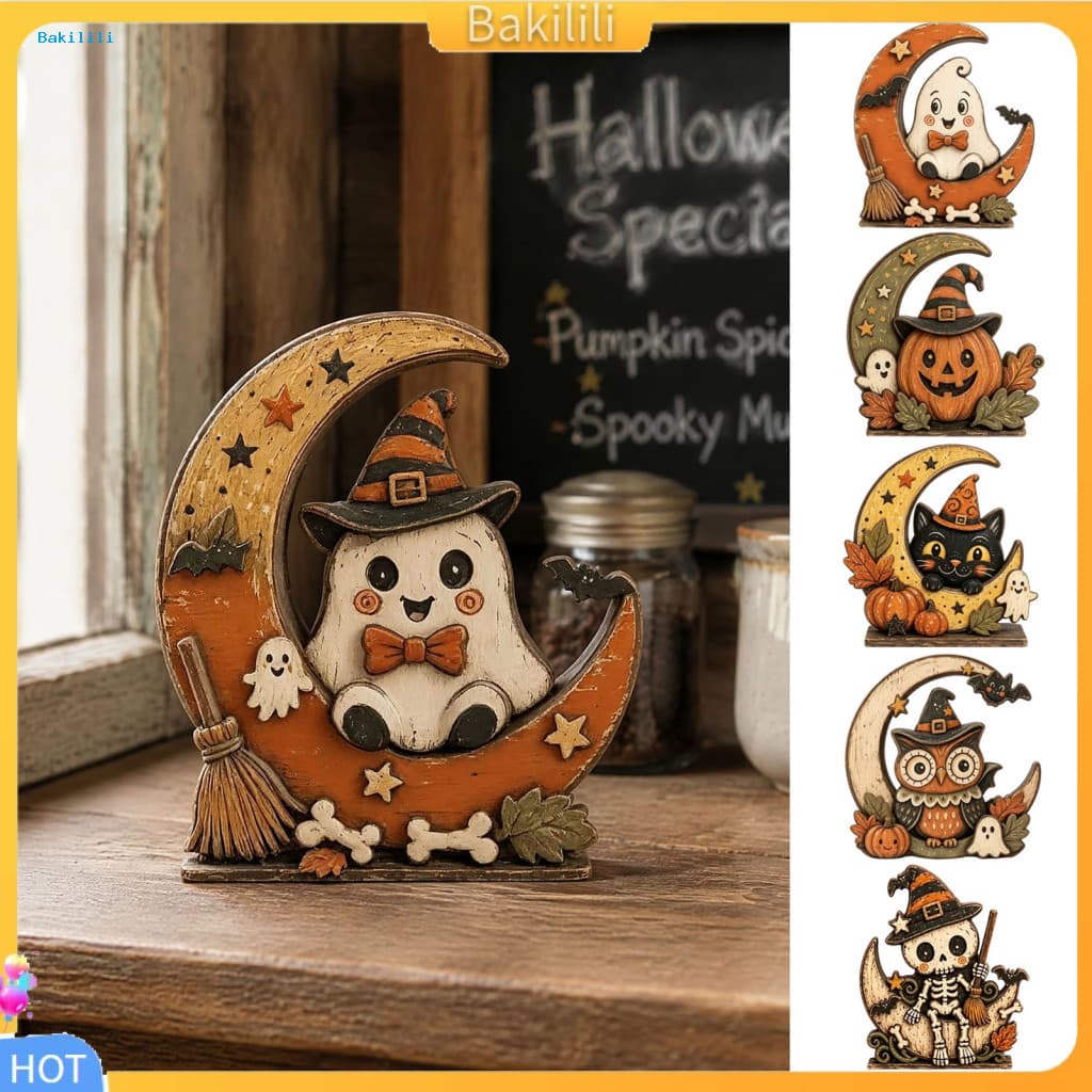 { Bakili } Lembrancinhas Festivas De Outono Enfeites De Mesa De Madeira De Halloween Retro Abóbora Bruxa Gato Estatuetas