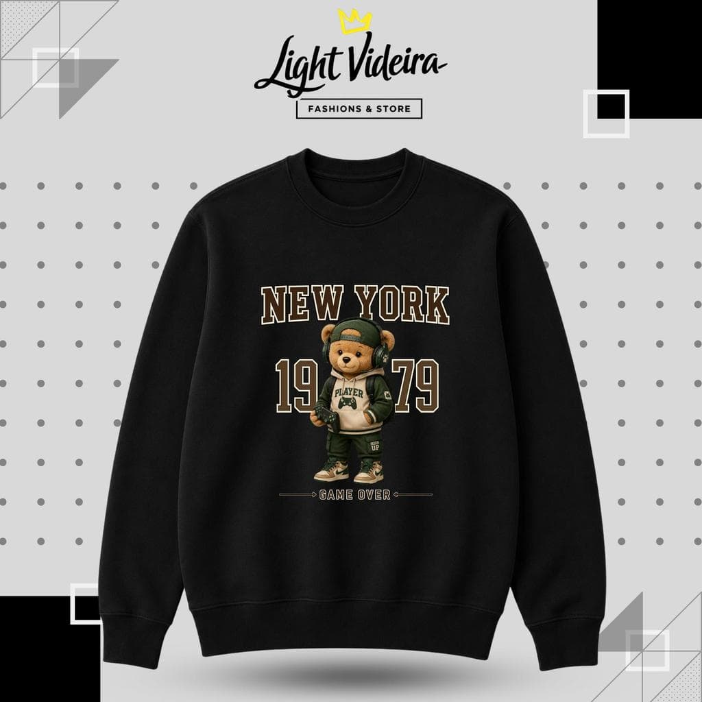 Moletom Gola Careca New York 1979 game over, Unissex, Redonda sem capuz, blusa de frio com ribana flanelada