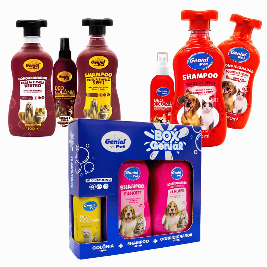 Kit shampoo 500ml +condicionador 500ml + colônia 110ml Pet Genial Filhote/Morango/Cereja e Avelã Shampoo