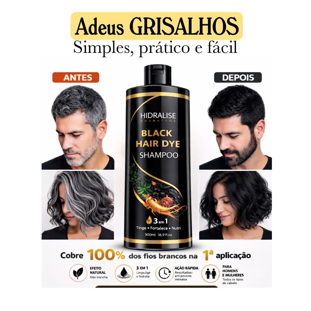 Shampoo Preto Black Tonalizante  Anti-Queda, auxilia escurecimento gradual dos fios brancos/grisalhos sem amônea.