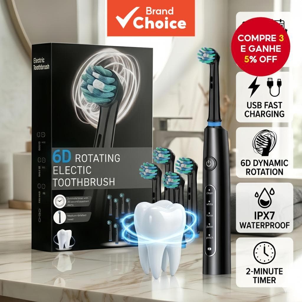 Escova de Dentes Elétrica à Prova d'Água IP67, Bateria 600mAh, 4 Cabeças de Escova para Adultos
