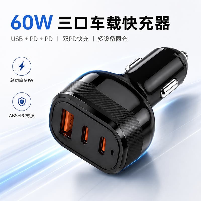 Carregador de Carro 60W com Carregamento Rápido, Adaptador Multifuncional com Plugue PD, Carregador de Carro de Duas Por