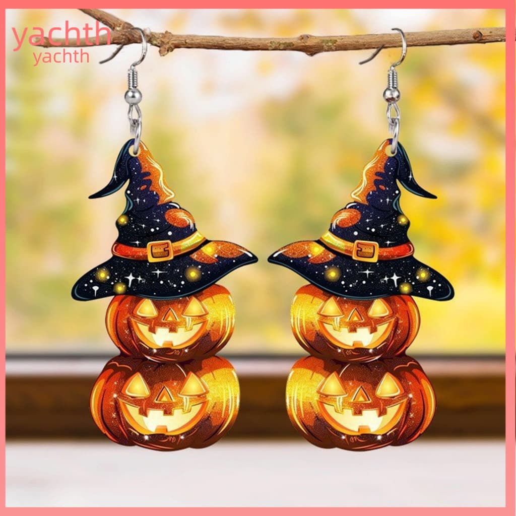 Unique Dark Style Jewelry Starry Hat Halloween Pumpkin Earrings for Women 2 Pairs Acrylic Drop Dangle with Witch Cute Ho
