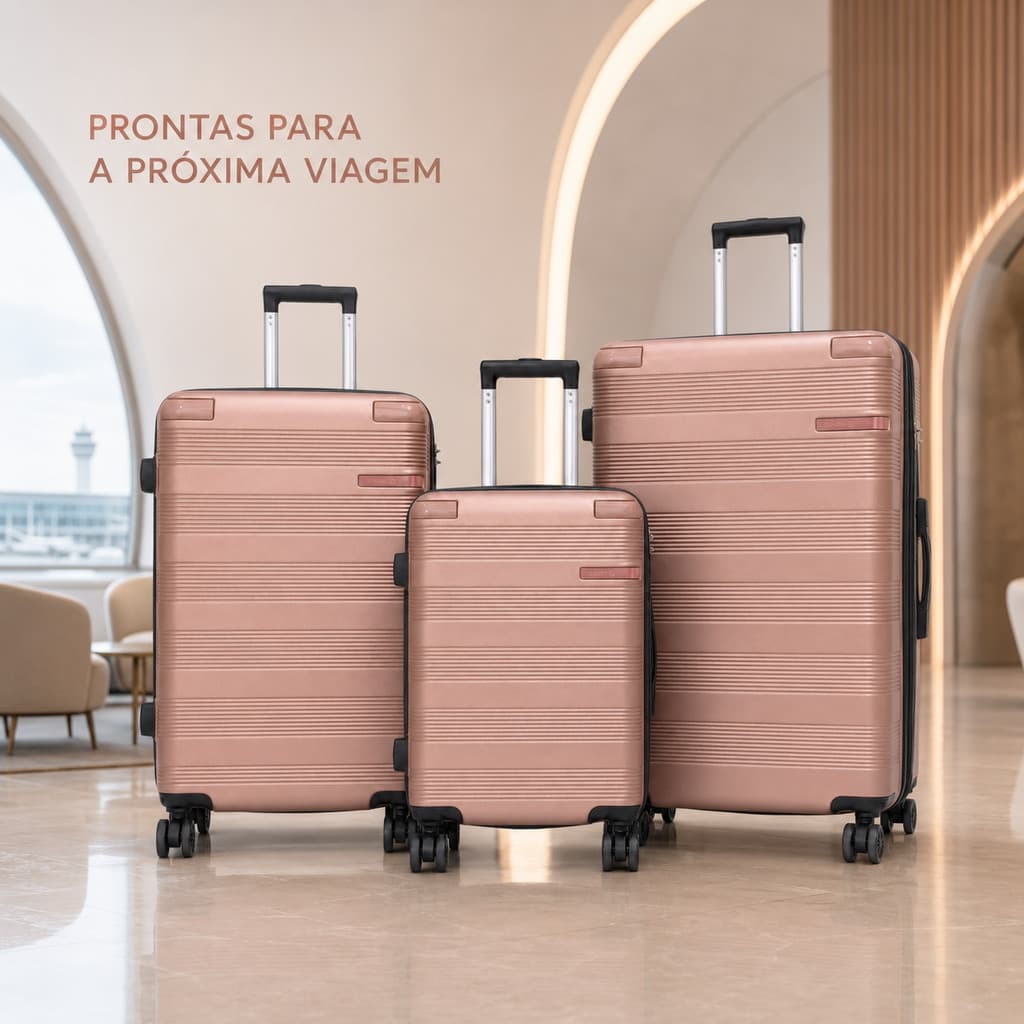 FlaLinda-Kit 3 Malas de Viagem Rígida ABS M G GG Conjunto Grande Rodinhas Giro 360° com Cadeado