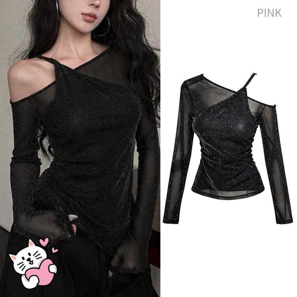 Camiseta PINK1 Bling , Blusas Falsas De Lantejoulas De Manga Comprida De Duas Peças , Top De Malha Transparente De Ajust