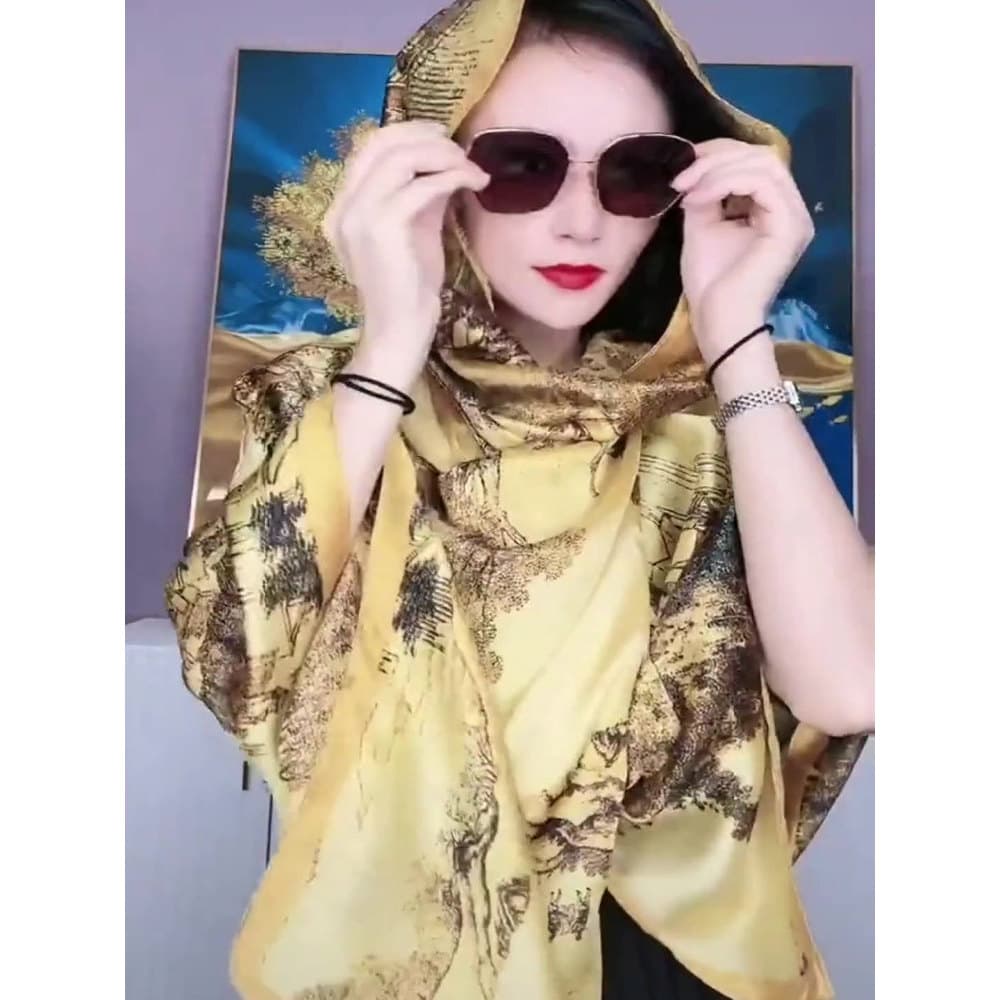 Verão ao ar livre protetor solar lenço de seda feminino Regent brocado impresso xale estendido decoração exterior mãe ca