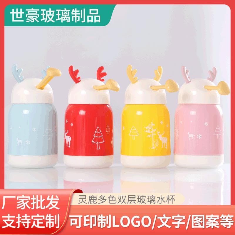 Novo copo de cervo dos desenhos animados 380ml copo de água de vidro portátil selado com tampa