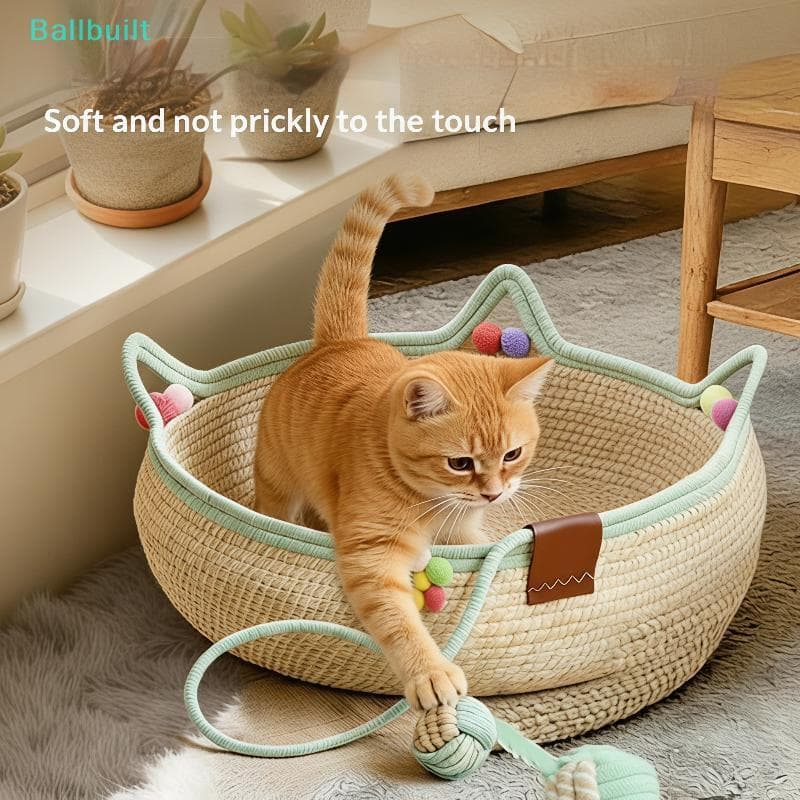 [BLU] Cama Arranhadora Para Gatos Durável 2 Em 1 , Economiza Espaço , Estilo Natural Com Bolas Coloridas Descanso De Ati