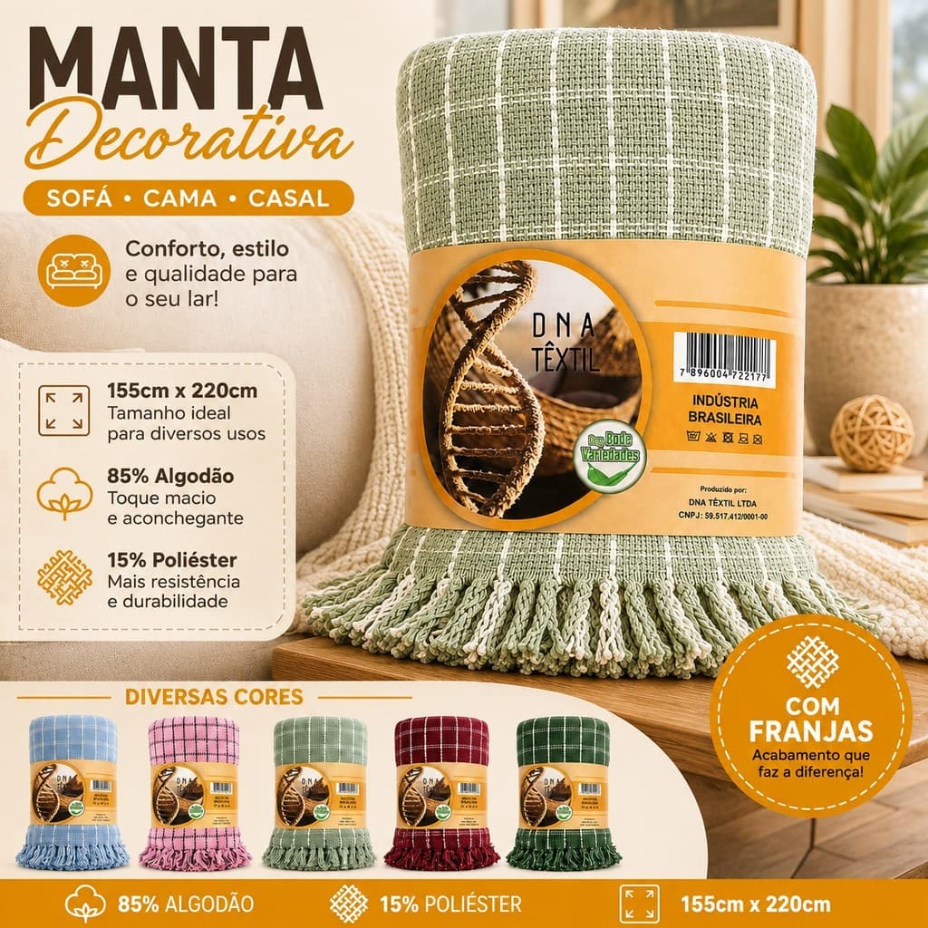 Manta Decorativa Sofá Cama Casal 155x220cm 85% Algodão 15% Poliéster com Franjas Xadrez Diversas Cores