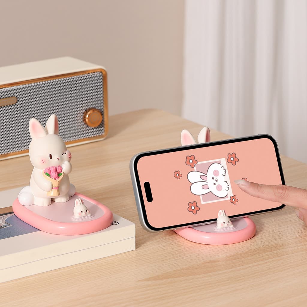 Suporte de Telefone em Resina com Coelhinho Segurando Buquê, Decoração Fofa para Mesa de Escritório, Presente para o Dia