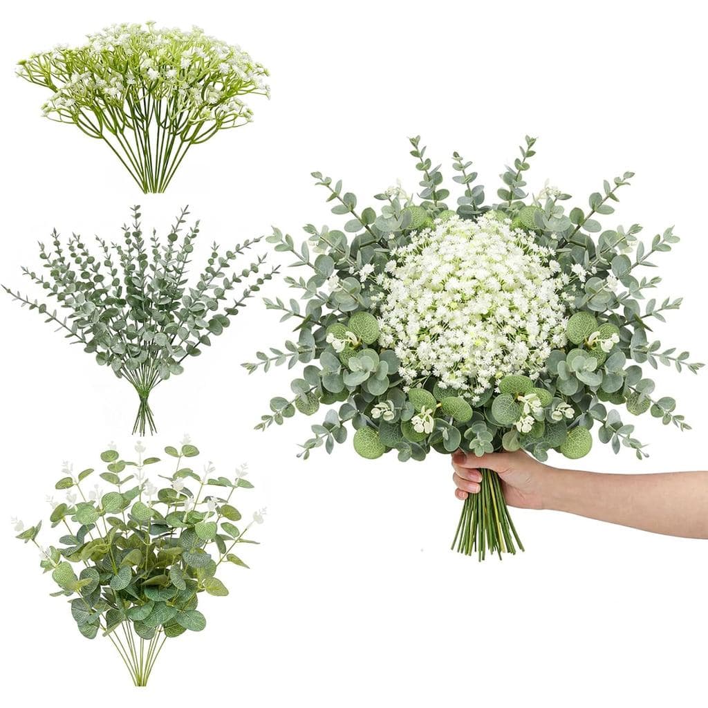 50 Peças de Flores Artificiais de Gypsophila Misturadas com Hastes de Eucalipto, Flores Artificiais Brancas de Gypsophil