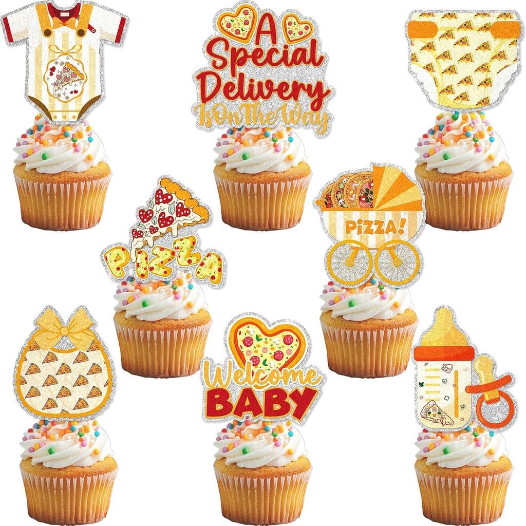 24 Peças de Topper para Cupcakes de Pizza para Chá de Bebê - Decorações Brilhantes para Festa de Chá de Bebê com Tema de