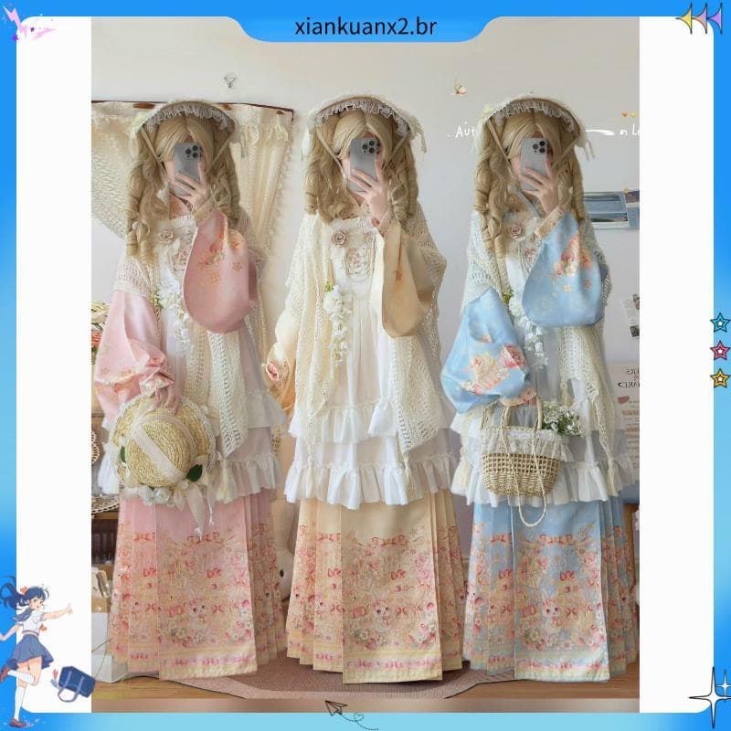 Pick-up lua Original Hanfu Ming feito Hanyang Eclectic cruz colarinho Pipa manga cavalo rosto saia bordado Lolita capa c