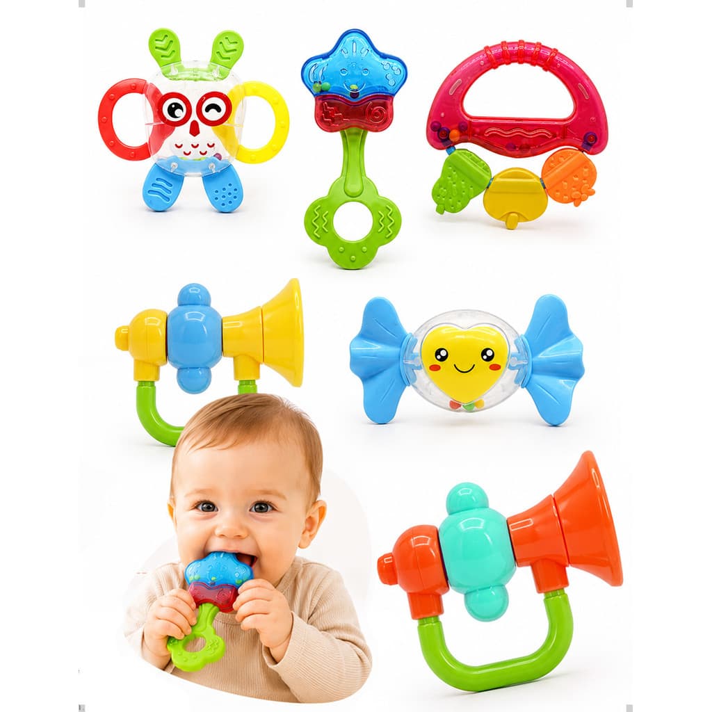 Kit Chocalhos e Mordedores para Bebê Sensorial Dentição Montessori Educativo 5 Peças