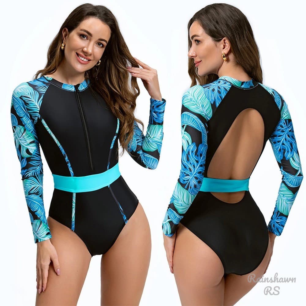 RS |   Maiô de Praia Feminino Plus Size Azul de Manga Longa para Surf e Mergulho RWZO