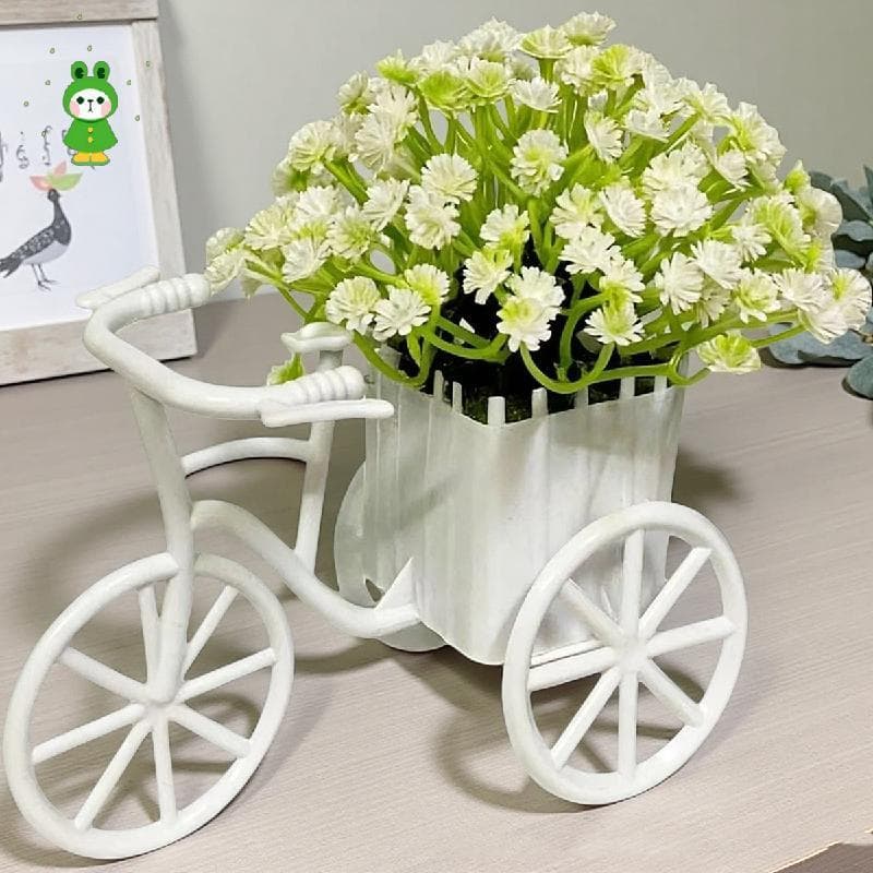 Ornamento De Flor Artificial Em Forma De Bicicleta , Plantador De Triciclo Branco Com Gipsófila Falsa , Mini Planta Vaso