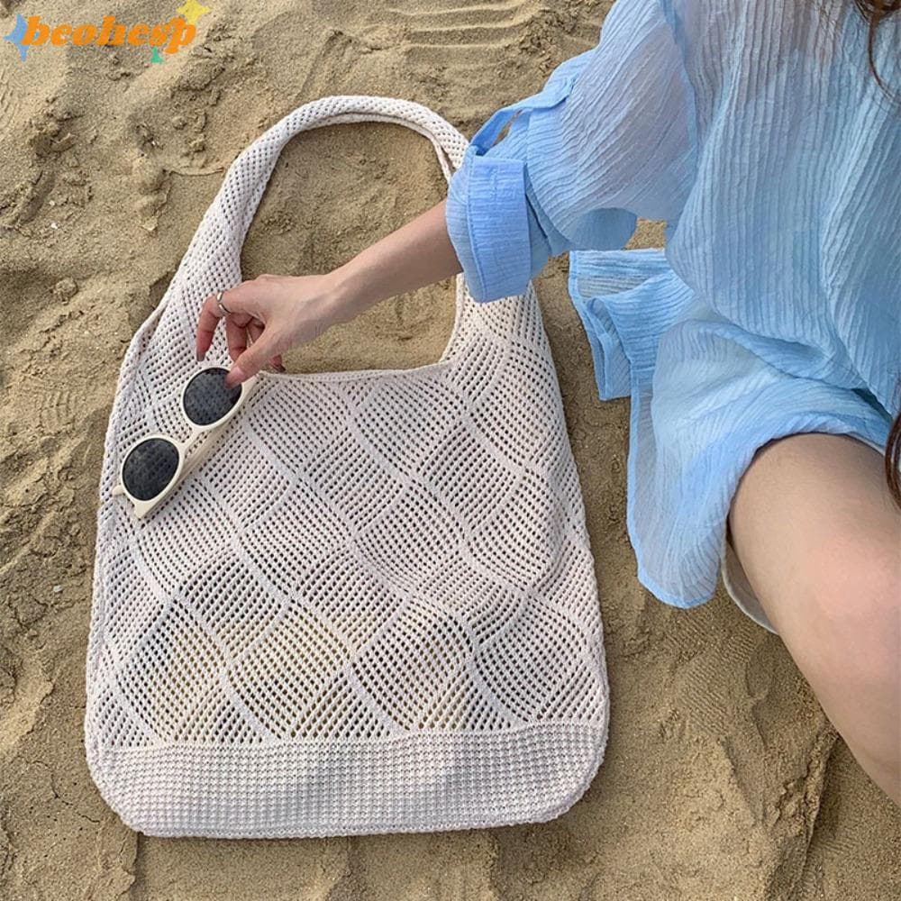 Bolsa De Crochê BEOHESP , Ombro De Malha De Grande Capacidade Estilo Boêmio , Sacola De Viagem De Cor Sólida