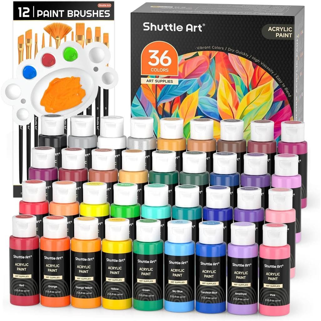 Tinta Acrílica Shuttle Art, Conjunto de 36 Cores com Pincéis e Paleta, Frascos de 2oz/60ml, Pigmentos Ricos e Não Tóxico
