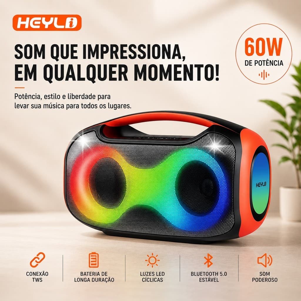 Caixa de Som Bluetooth Potente Portátil 60W IPX5 LED RGB TWS Ideal para Festas e Karaokê