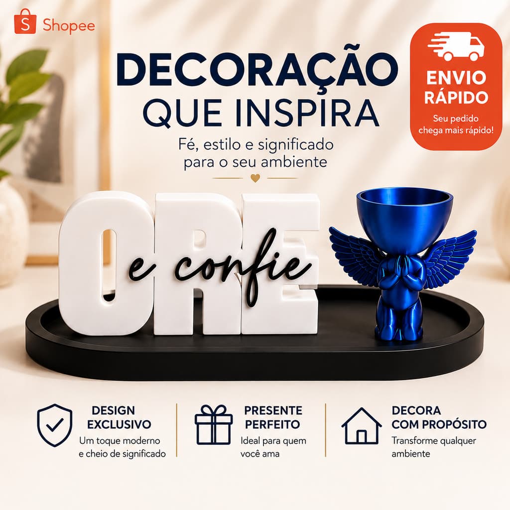 Kit Decorativo Ore e Confie Porta Vaso Cristão Decoração Religiosa Presente Evangélico Bandeja Anjo Fé Premium