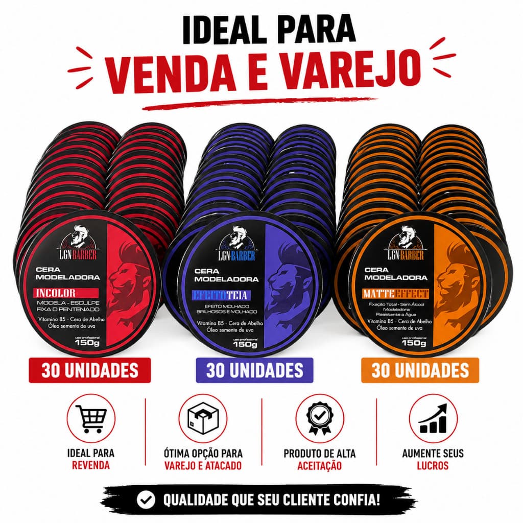 Kit Cera modeladora capilar 90 Unidades 150g (30 Incolor, 30 Teia e 30 Matte) LGN Barber