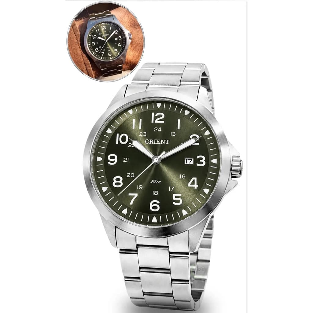 Relógio Analógico Orient Mbss1380 Fundo Verde Aço Oferta Prateado Verde
