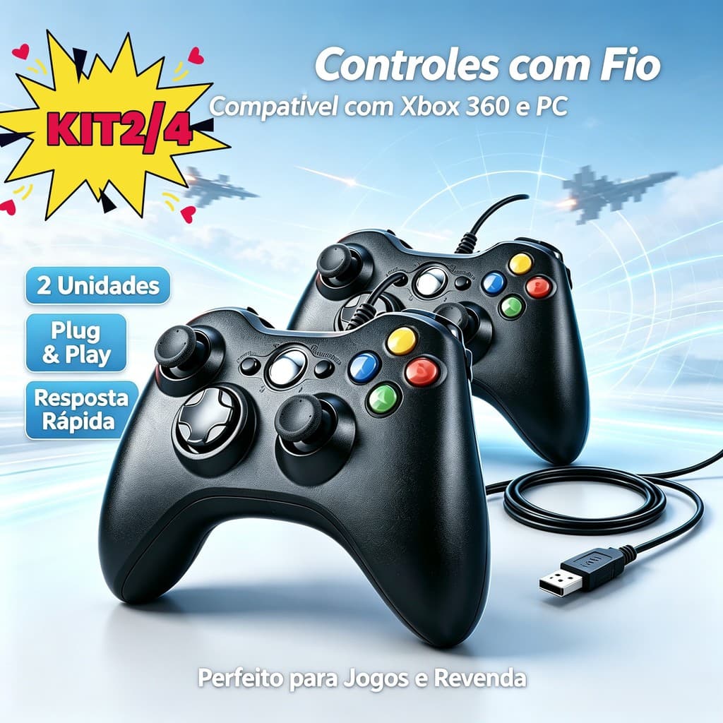 Kit 1/2/4 Controle Xbox 360 com Fio USB PC Gamer |Vibração Ajustável Plug & Play 45s |Compatível Xbox One Windows 7 8 10