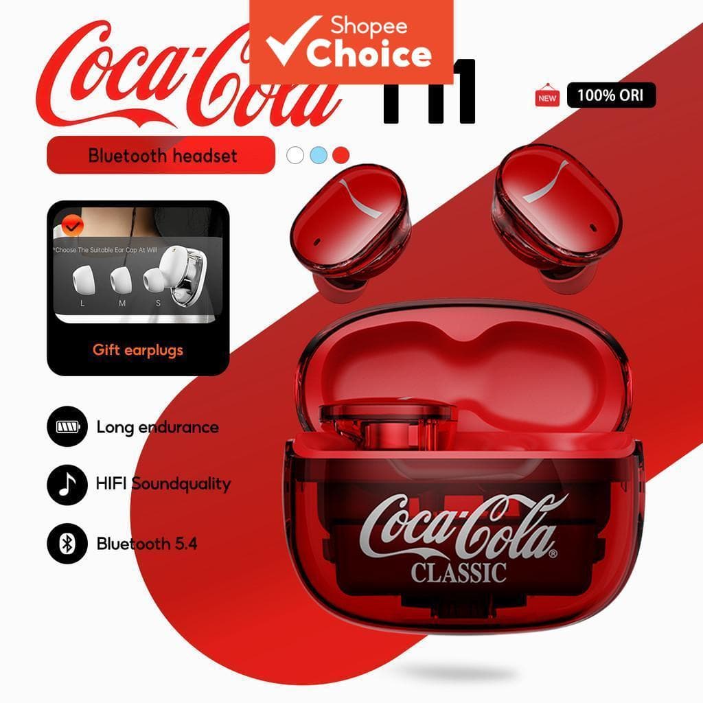 Fones de Ouvido Coca-Cola T11 TWS Bluetooth 5.4 Intra-Auriculares ENC Cancelamento de Ruído 5H de Reprodução Controle