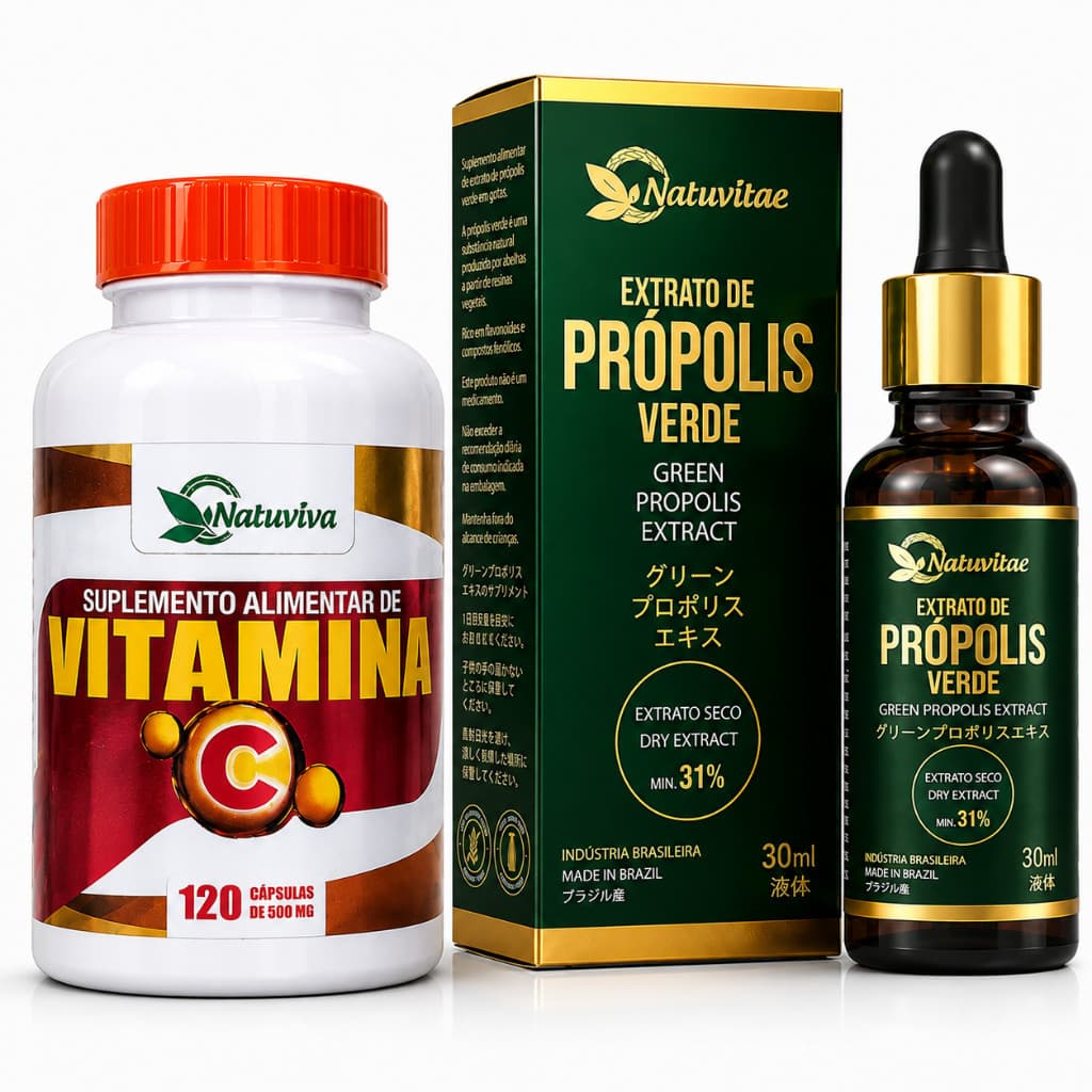 Kit Vitamina C 500mg 120 Cápsulas + Extrato de Própolis Verde 30ml | Suporte ao Sistema Imunológico e Ação Antioxidante