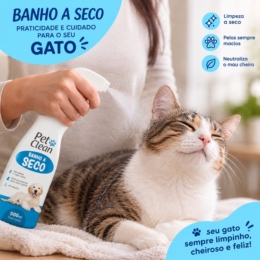 Banho a Seco Spray Pet Clean 500ml para Cães e Gatos Sem Enxágue Higiene e Limpeza