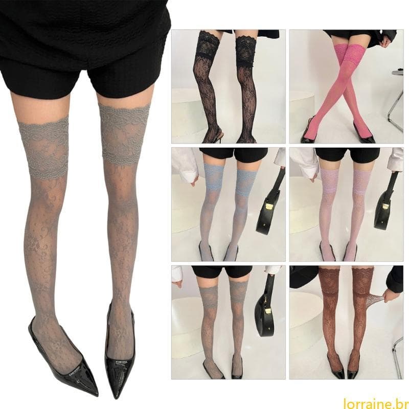 lORI Meias Femininas Elegantes Acabamento Renda Acima Do Joelho, Várias Cores, Arrastão Florais