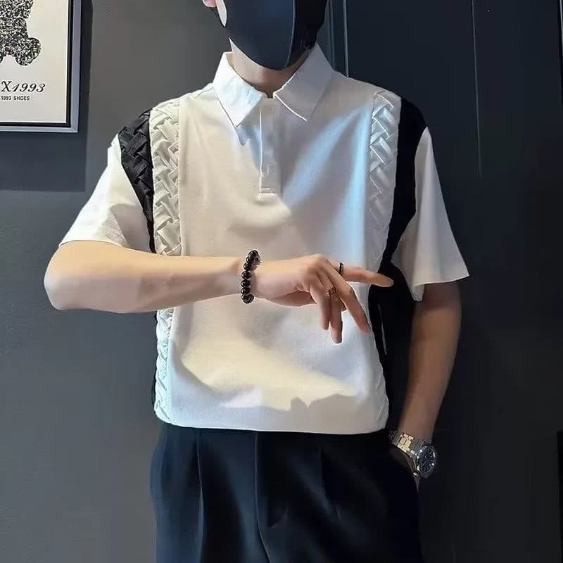 Costura camisa POLO masculina de manga curta verão estilo fino meia manga rufião bonito Street Wear camisa gola de seda