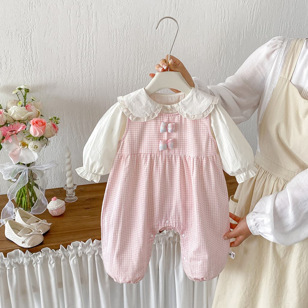 Bebê menina outono novo estilo versão coreana camisa xadrez lapela colete macacão de duas peças bebê Casual terno roupas