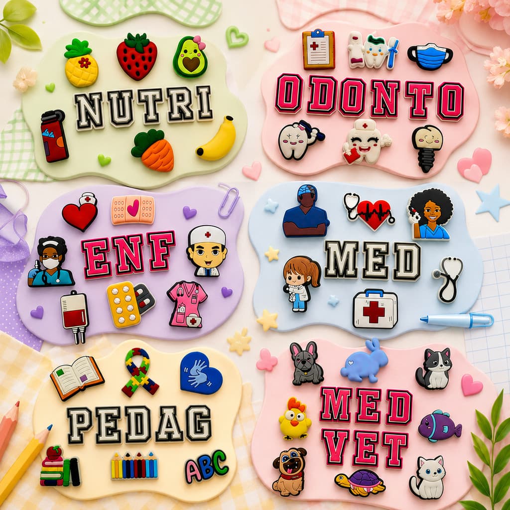 Kit Letras - Pins Botons Enfeites de Profissões para Calçados / Sapatos - Med, Vet, Odonto, Pedag, Prof