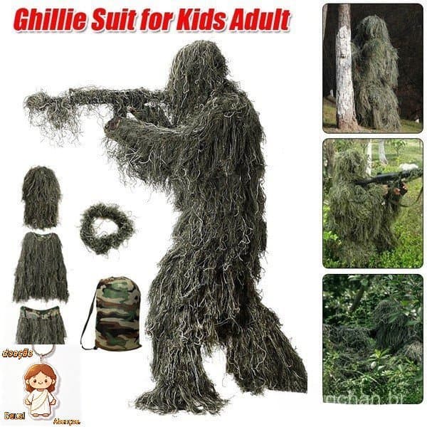 5 Peças de Traje Ghillie Secretivo para Tiro Aéreo, Roupas Verdes para Adultos, Camuflagem Militar para Selva Multicam