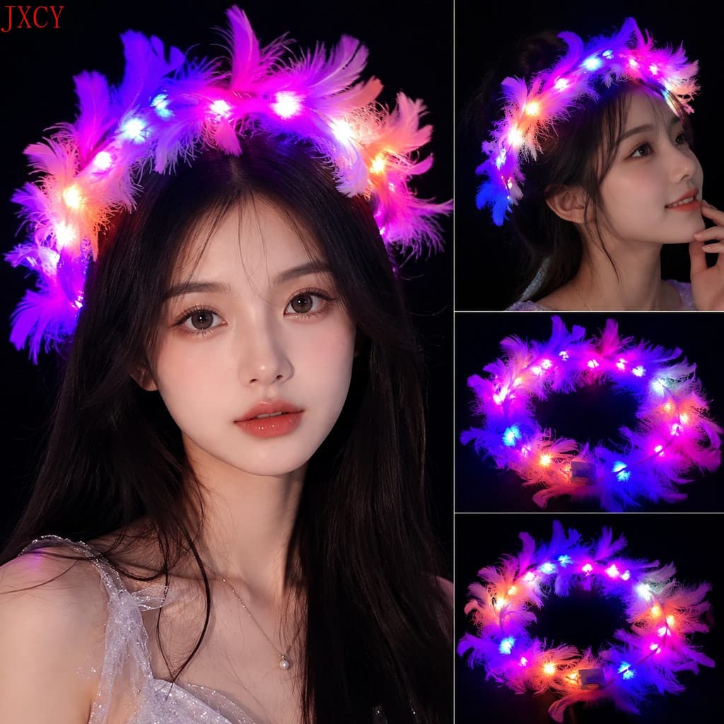 1Pc Brilhante Fofo Pena Bandana Festa Acessório De Cabelo Luz LED