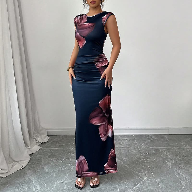 Ruichen 2026 comércio exterior transfronteiriço europeu americano Slim fit vestido estampado sem mangas vestido de um pa