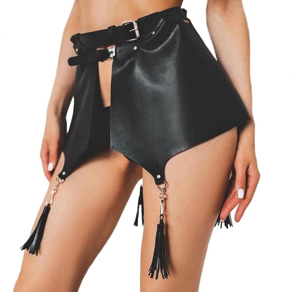 Saia de Couro Nicute com Cinto e Corrente de Cintura Preta, Saias Punk, Cinto, Acessórios de Corpo Góticos para Mulheres