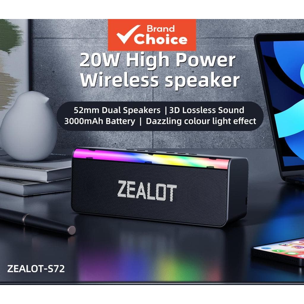 Caixa de Som Bluetooth Sem Fio ZEALOT S72 20W Som Dinâmico com Faixa de Luz RGB BT5.3 IPX4 À Prova D’Água Bateria de