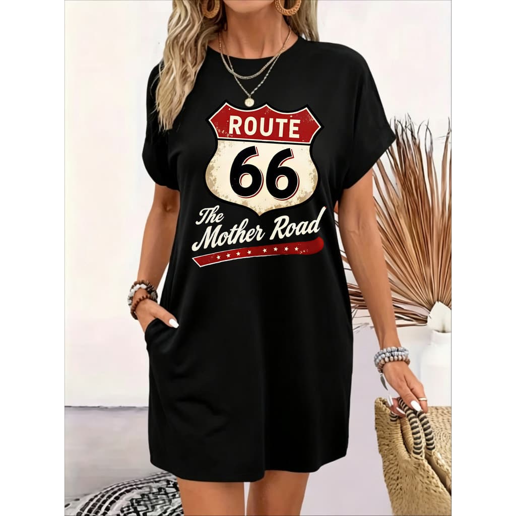 Vestido de manga curta com estampa retrô do símbolo da Rodovia 66 – Vestido folgado e casual para o dia a dia