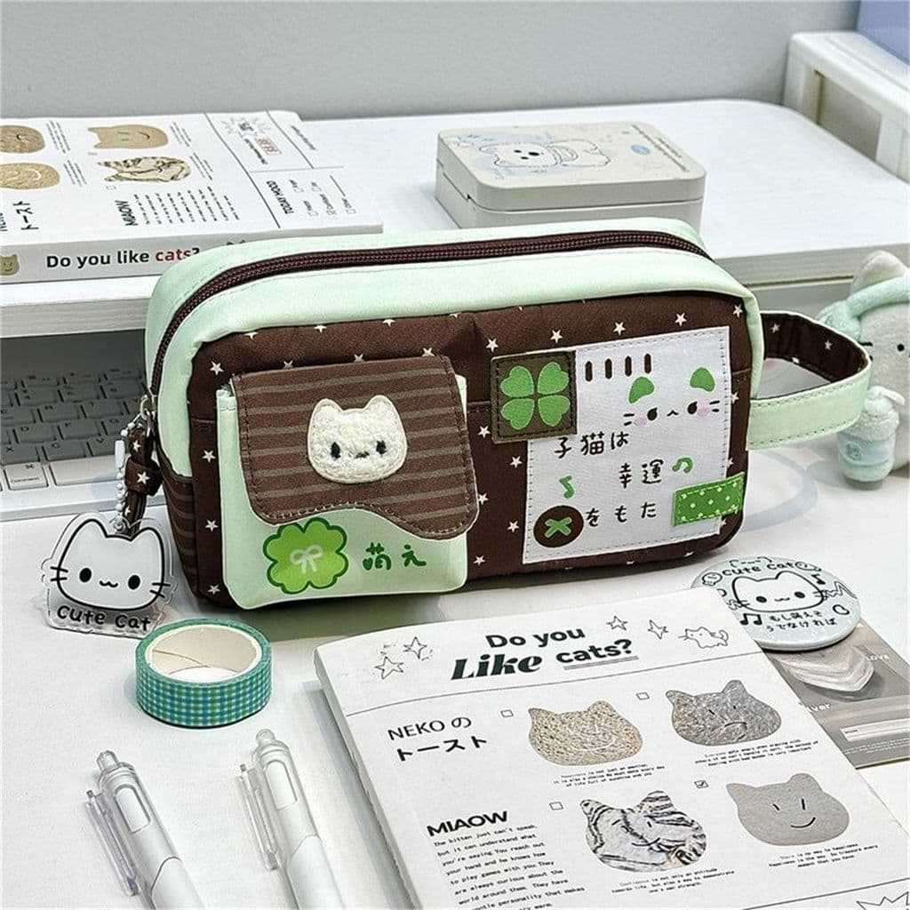 Novo verde trevo de quatro folhas gatinho lápis caso ins saco de lápis de alto valor grande capacidade estudante