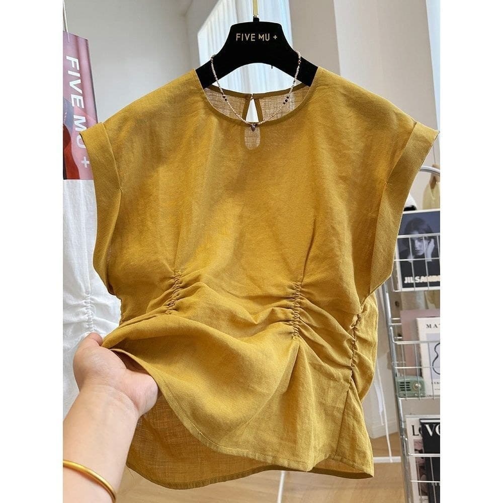 Algodão mais fino olhar plissado Design camisa feminina 2025 fino High-End sem mangas topo jif0629