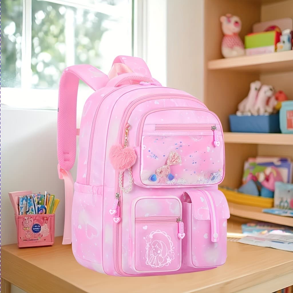 Mochila de moda gradiente de grande capacidade com Design de laço fofo, com alças ajustáveis, amuletos de Pompom e enfei